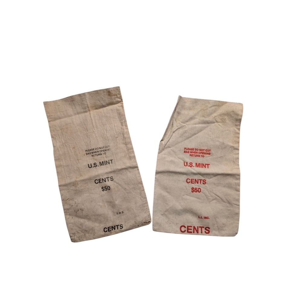Vintage US Mint Canvas Coin Bags $50 Cents Red Black Print Lot 2 Treasury Sacks